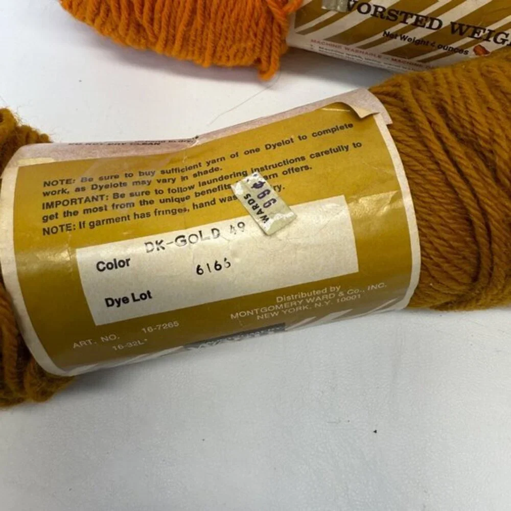 Montgomery Ward Orlon Acrylic Yarn 4-Ply Orange 54,‎ Gold 49, Med Yellow 44